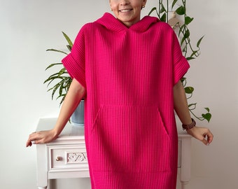 Women waffle swimming poncho, cozy universal handmade poncho, quickdrying, absorbing adult Poncho, surfing poncho in pink