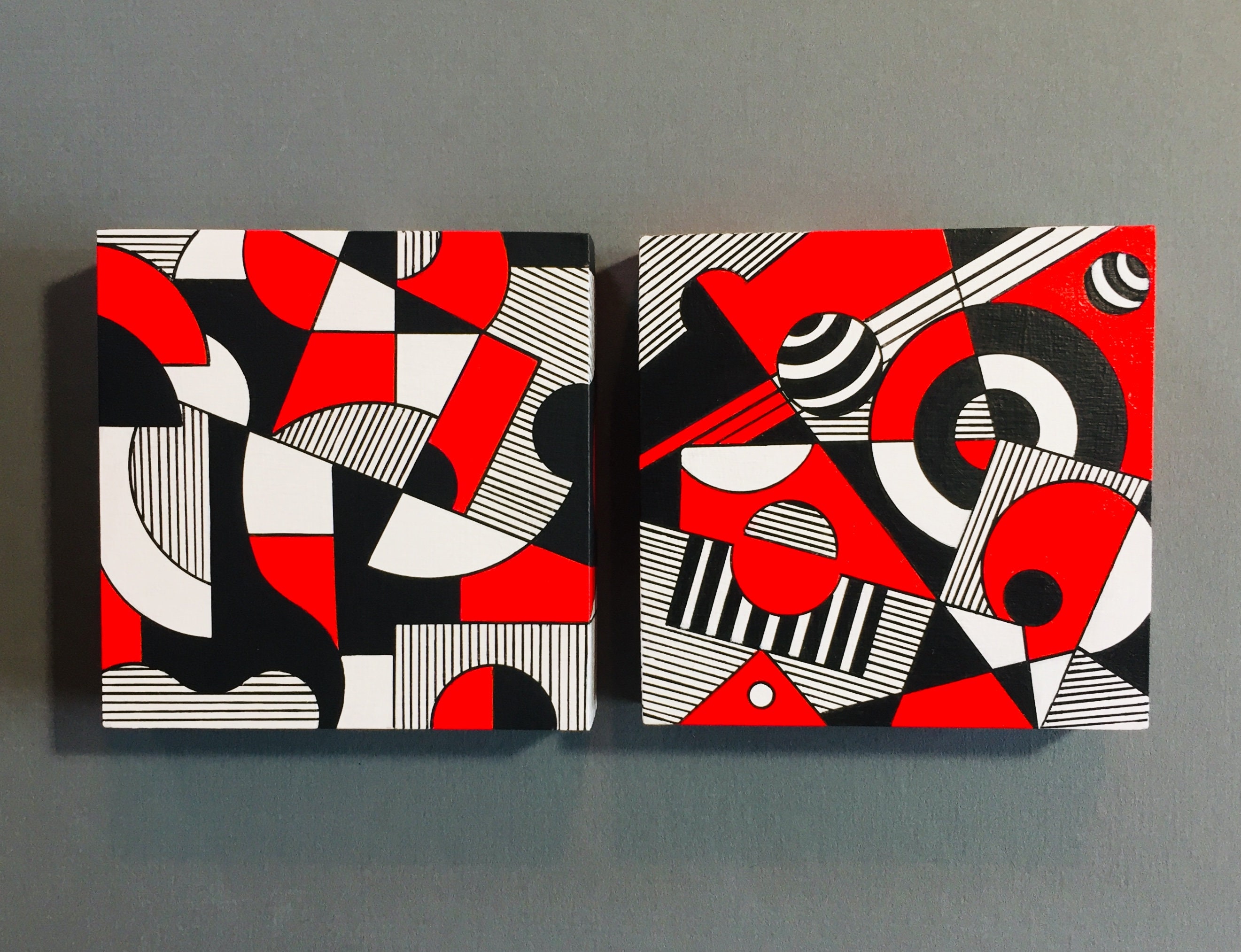 Set of 3 Paintings, Painting, Canvas, Abstract, Pattern, Geometric, Red,  Black, Square, Minimalist, Modern, Contemporary, Ethnic, Design 