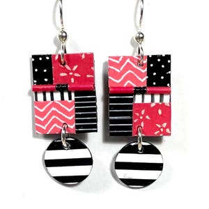 Hand-Painted Paper Earrings, Wearable Art, Art Earrings, Collage Art, Original Art, Red and Black, Boho Abstract Art, Lightweight Earrings