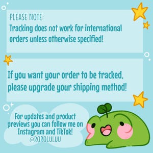 May include: A light blue informational graphic featuring yellow stars and a green frog character with pink cheeks and a small sprout on its head. The text reads: PLEASE NOTE: Tracking does not work for international orders unless otherwise specified!