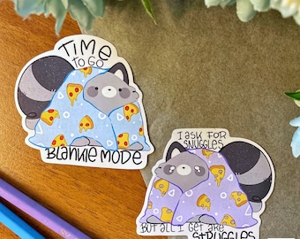 Blankie Mode Pizza Sticker, Cute Raccoon Sticker, Meme Sticker, Kawaii Sticker, Cute Gift for Happy Mail, Notebook, Laptop