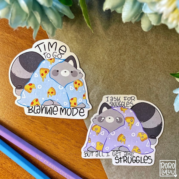 Blankie Mode Pizza Sticker, Cute Raccoon Sticker, Meme Sticker, Kawaii Sticker, Cute Gift for Happy Mail, Notebook, Laptop