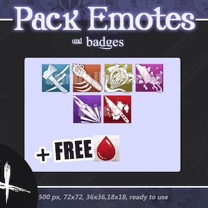 Può includere: Immagine con una collezione di emote e badge, tra cui un'ascia, una sega, un teschio, un coltello e una goccia di sangue. Il testo recita "Pack Emotes and badges + FREE". L'immagine è pronta per l'uso.