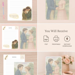 Peut inclure: Plusieurs articles de papeterie avec des illustrations d'un couple en costume d'époque. Les articles comprennent des pages de notes lignées avec le mot "NOTES" et la phrase "My good opinion once lost is lost forever". L'image montre également une icône PDF.