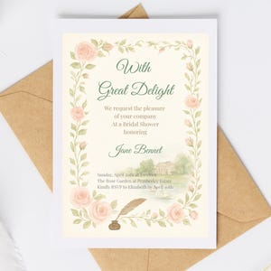 Op de afbeelding: Een uitnodiging voor een bruidsdouche met een bloemenrand van roze rozen en groene bladeren. De tekst luidt "With Great Delight" en bevat details over het evenement, waaronder de naam "Jane Bennet". Een bruine envelop is op de achtergrond.