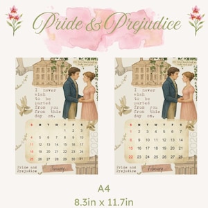 Può includere: Calendario A4 con illustrazioni di "Orgoglio e Pregiudizio" per gennaio e febbraio 2026. Il design include una citazione, immagini di personaggi e uno sfondo floreale ad acquerello. Il calendario misura 21,0 cm x 29,7 cm.