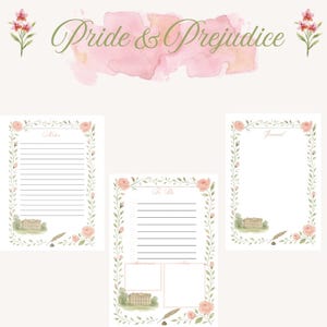 Peut inclure: Ensemble de trois pages de papeterie avec des bordures florales et le texte "Pride & Prejudice". Les pages comprennent une page de notes, une liste de tâches et une page de journal. Chaque page présente une illustration d'un bâtiment et d'une plume.