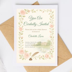 May include: Baby shower invitation with floral and botanical design. The invitation reads "You Are Cordially Invited" and includes details for Charlotte Lucas's baby shower. The invitation is surrounded by a floral border and rests on a brown envelope.