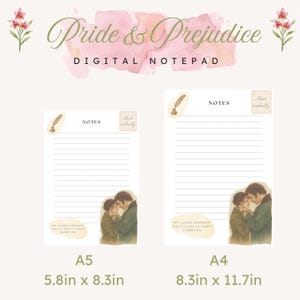 Peut inclure: Bloc-notes numérique avec le titre "Pride & Prejudice" et les mots "Digital Notepad". Le design comprend des pages lignées, des illustrations et des citations. Les tailles sont A5 (14,7 cm x 21,1 cm) et A4 (21,1 cm x 29,7 cm).
