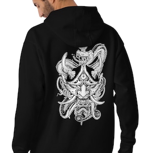 Unisex hoodie with Hannya & Snake design, original Oni designs, hannya mask, hoodie.