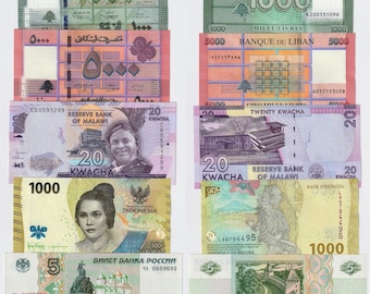 x5 Pcs Lot, Mix Banknotes Russia, Indonesia, Malawi, Liban (All UNC) serial number may vary, vintage banknotes #729#