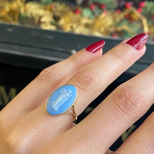 Wedgwood Blue Jasperware Cameo Style 18ct Yellow Gold Vintage Dress Ring - Blue Stone Jewellery, Unique Jewellery Gift, Statement Jewellery