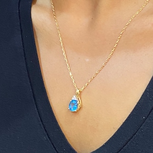 Oval Blue Topaz and Diamond 10ct Yellow Gold Drop Pendant Necklace - Everyday Jewellery, Elegant Jewellery, Anniversary or Birthday Gift