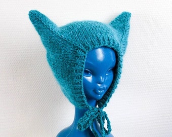Handknitted reversible cat ears/horns wool bonnet