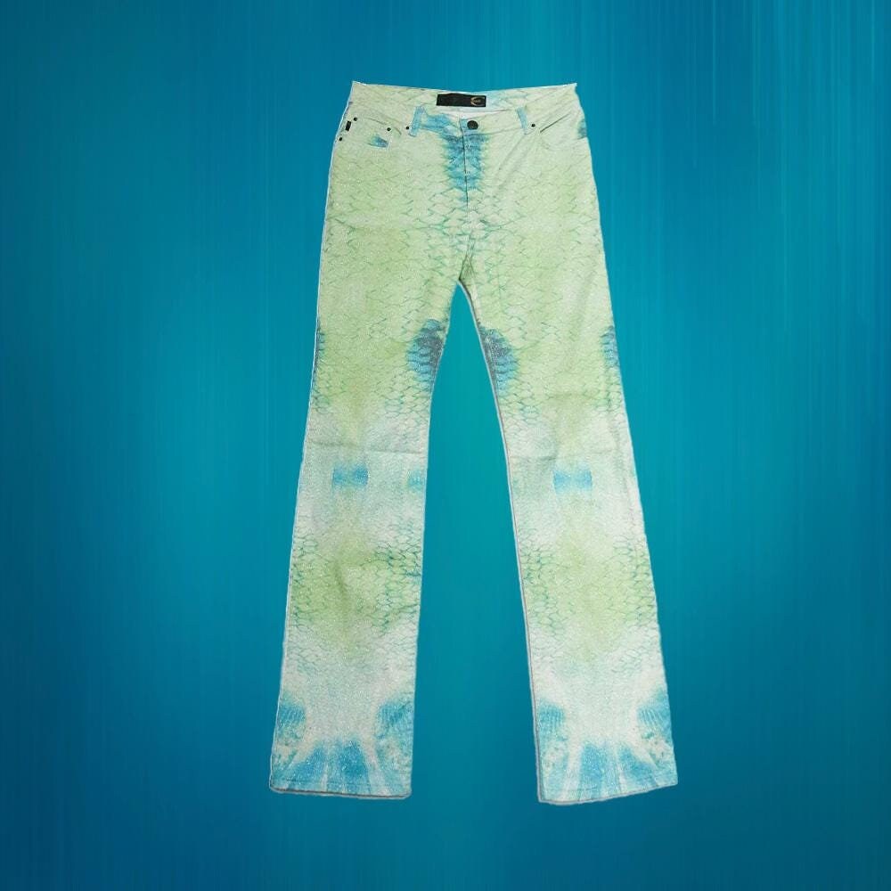 Jean évasé Années 90 Roberto Cavalli Imprimé Peau De Serpent - Taille S, Neuf Avec étiquette, Made In Italy