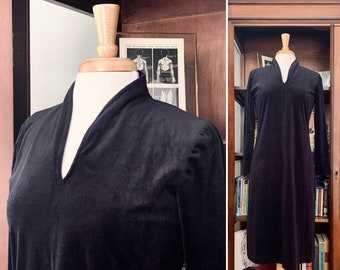 Vintage 1960s-1970s Union-Made Black Velour Shift Dress with Mandarin Collar