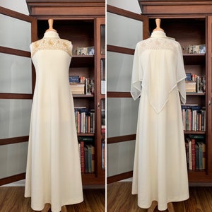 Vintage 1970s Cream & Gold Embroidered Shift Maxi Dress