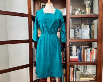 Vintage Late 1960s Teal Polyester Velour Cocktail Dress with Dolman Sleeves & Scalloped Neckline.