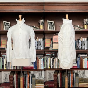 Vintage 1970s Ruffle Funnel-Neck Blouse with Pintuck Balloon Sleeves