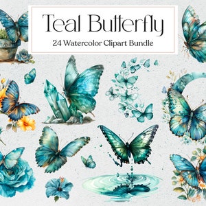 24 Aquarell Teal Schmetterling Clipart, Garten Blumen Clipart, Floral Clipart, Teal Florals Png, Scrapbooking, Sofort Download