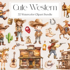 32 niedliche Western Clipart, Aquarell niedlichen Baby Cowboy Clipart, wilde Westen Clipart, Western Geburtstag, Instant Download