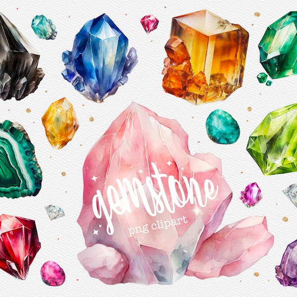 20 Gemstone Clipart, Gemstones Watercolor, Crystal Art, Crystal PNG, Watercolor Clipart, Instant Download