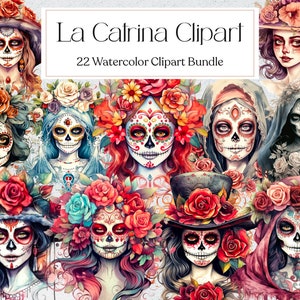 22 La Catrina Watercolor Clipart, Day of the Dead Clipart, Día de los Muertos Png, Sugar Skull Girl, Scrapbooking, Instant Download