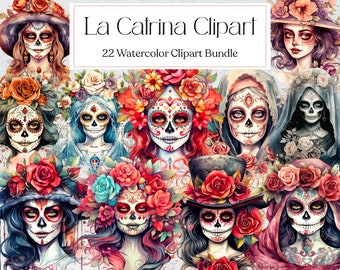 22 La Catrina Watercolor Clipart, Day of the Dead Clipart, Día de los Muertos Png, Sugar Skull Girl, Scrapbooking, Instant Download