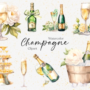 16 aquarel champagne clipart, glazen en fles, bruids clipart, bruiloft clipart, instant download, commercieel gebruik