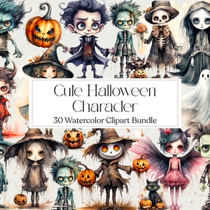 30 Cute Halloween Character Clipart, Watercolor Halloween Clipart, Sulimation, Instant Download, Commercial Use