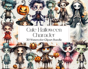30 Cute Halloween Character Clipart, Watercolor Halloween Clipart, Sulimation, Instant Download, Commercial Use