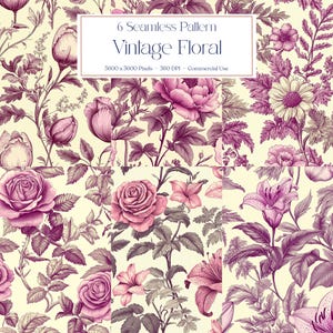 Vintage Floral Digital Paper, Seamless Botanical Patterned Background, Vintage Flower Print, Instant Download