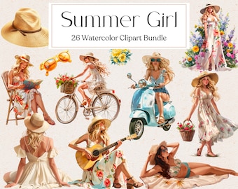 Summer Girls Clipart, Watercolor Summer Lady Graphic, Watercolour Travel Girl Clipart, Instant Download