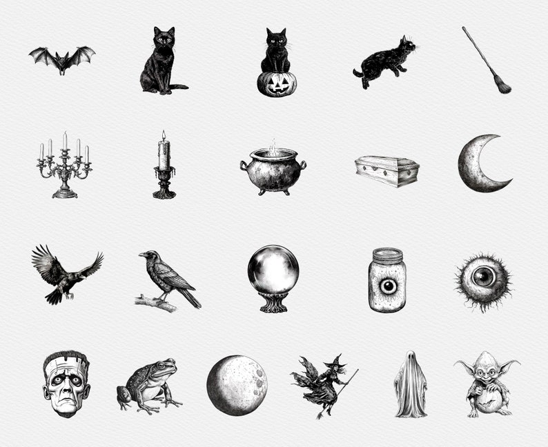 May include: A set of 18 black and white illustrations of Halloween themed objects, including a bat, a black cat, a cauldron, a coffin, a crescent moon, a crow, a crystal ball, a jar with an eye, an eyeball, a Frankenstein's monster, a frog, a moon, a witch on a broomstick, a ghost, a goblin, a candlestick, a broom, and a candelabra.