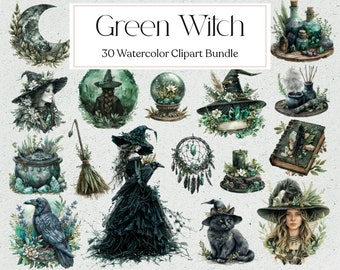 May include: A set of 30 watercolor clipart illustrations featuring a green witch theme. The illustrations include a witch, a raven, a cauldron, a broom, a crystal ball, a dreamcatcher, a candle, a book, a moon, and various other magical elements.