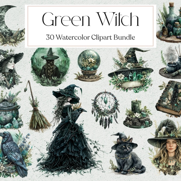 30 Green Witch Clipart, Watercolor Nature Witch Clipart, Witchcraft Clipart, Fantasy Clipart, Junk Journal, Instant Download