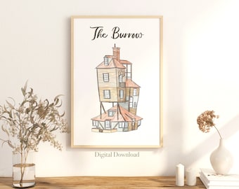 Wizard House Poster Art Print, The Burrow Wall Art, Wooden House Wall Decor, Weasley House Art, Wizard Clipart, Boho Poster, DIGITALDOWNLOAD