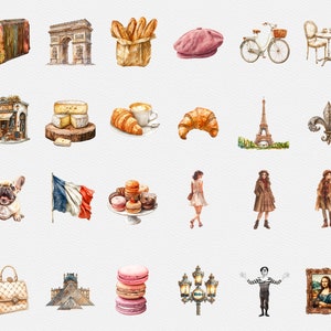 May include: A watercolor illustration of various Parisian themed items, including the Eiffel Tower, a baguette, a beret, a cafe, a French bulldog, a croissant, a macaron, and a street lamp.