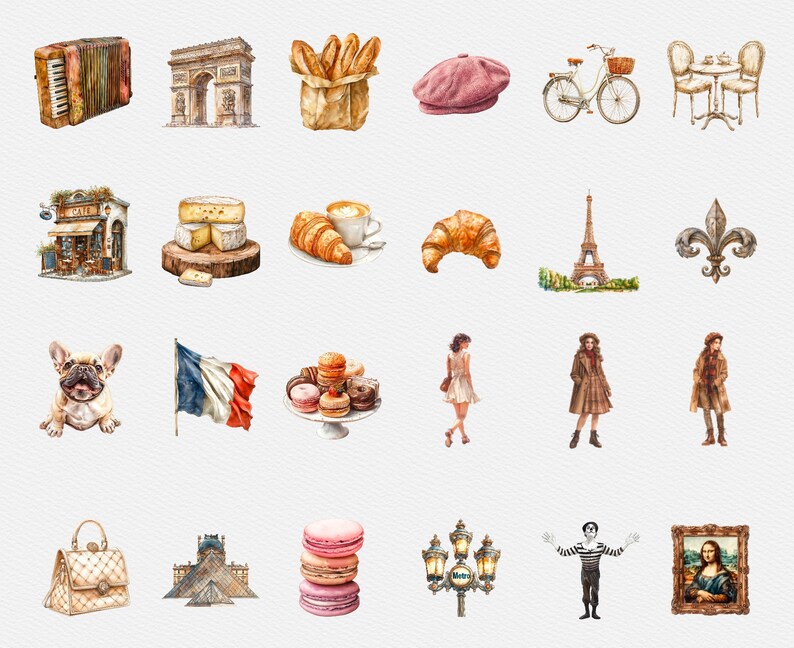 May include: A watercolor illustration of various Parisian themed items, including the Eiffel Tower, a baguette, a beret, a cafe, a French bulldog, a croissant, a macaron, and a street lamp.