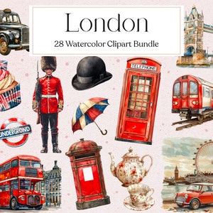 28 cliparts Londres, aquarelle Angleterre, clipart voyage, Royaume-Uni, bus de Londres, scrapbooking, téléchargement immédiat