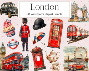 Puede incluir: Un paquete de clipart de acuarela con monumentos icónicos de Londres, incluyendo el Big Ben, un autobús de dos pisos rojo, una cabina telefónica roja, el London Eye y el Tower Bridge. El paquete también incluye un guardia británico rojo, una magdalena con una bandera de la Union Jack, un buzón rojo y un juego de té vintage.