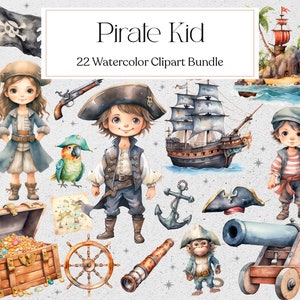 Clipart de acuarela de piratas lindos, clipart de niño pirata, clipart de cumpleaños pirata, clipart de invitación, guardería, descarga instantánea