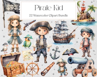 Cute Pirate Watercolor Clipart, Pirate Kid Clipart, Birthday Pirate, Invitation Clipart, Nursery, Instant Download