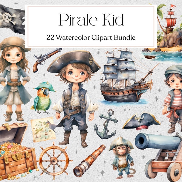 Clipart acquerello pirata carino, clipart per bambini pirata, compleanno pirata, clipart di invito, scuola materna, download istantaneo