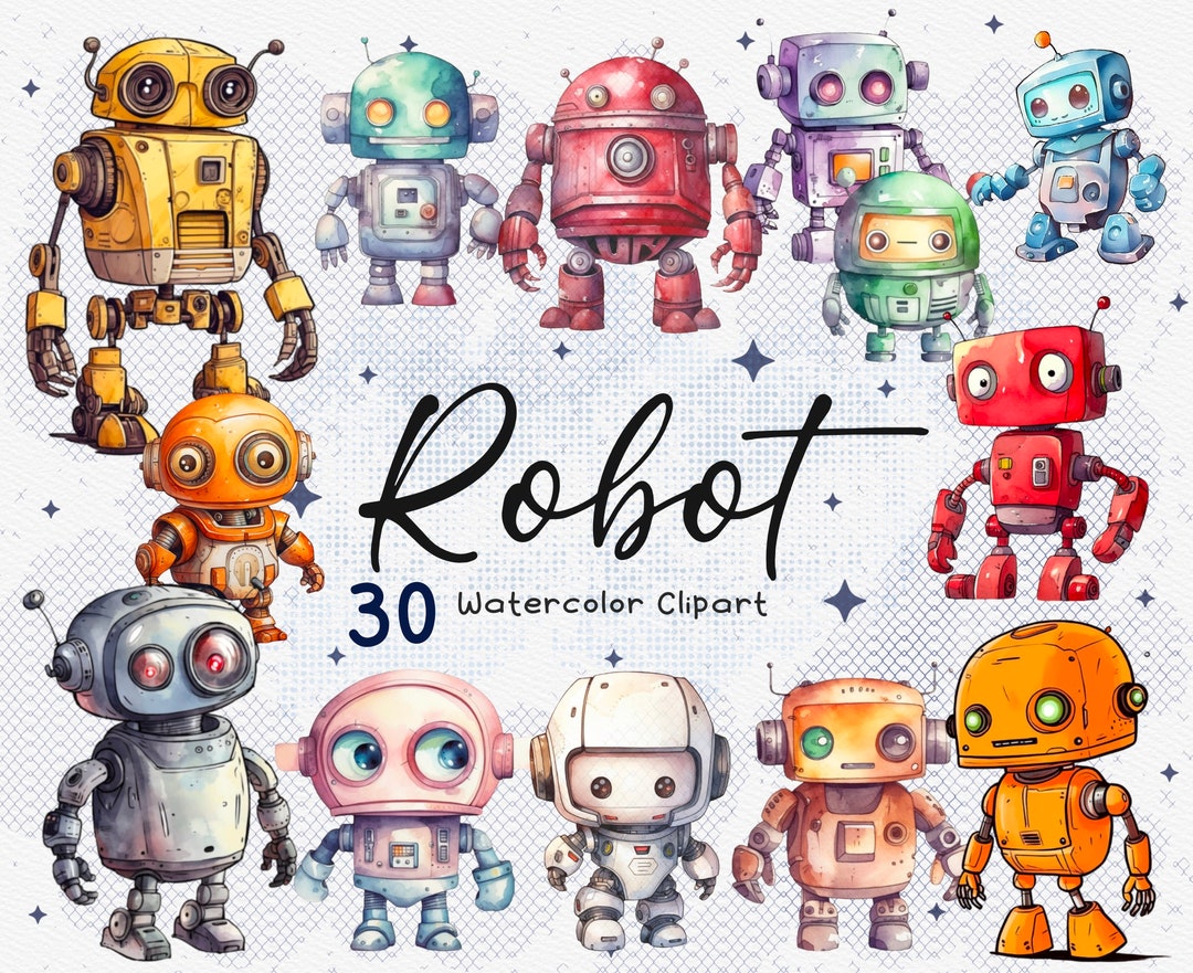 30 Cute Robots Watercolor Clipart, Robot Png, Boy Clipart, Sublimation ...