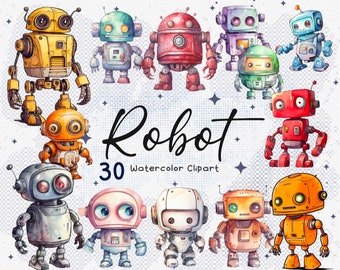 30 Cute Robots Watercolor Clipart, Robot Png, Boy Clipart, Sublimation Graphics, Instant Download, Commercial Use