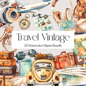 22 Aquarell Reise Clipart, Vintage Reise, Urlaub Clipart, Urlaub Clipart, Planer Clipart, Abenteuer, Instant Download