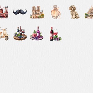May include: A set of watercolor illustrations featuring Parisian landmarks, a scooter, wine bottles, grapes, a glass of wine, a mustache, a perfume bottle, a dog, and a church.