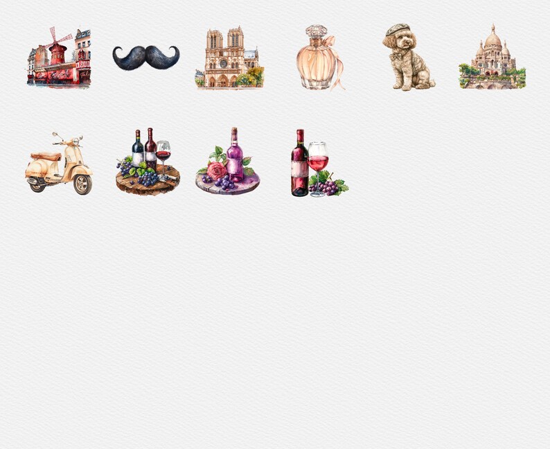 May include: A set of watercolor illustrations featuring Parisian landmarks, a scooter, wine bottles, grapes, a glass of wine, a mustache, a perfume bottle, a dog, and a church.