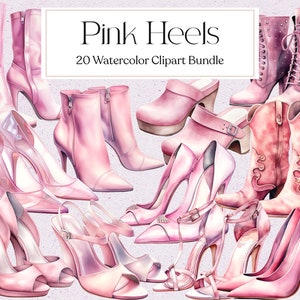 Op de afbeelding: Een set van 20 aquarel clipart-afbeeldingen van roze hoge hakken. De afbeeldingen omvatten verschillende stijlen van hakken, waaronder pumps, sandalen en laarzen. De afbeeldingen zijn perfect voor gebruik in digitaal scrapbooken, kaart maken en andere knutselprojecten.